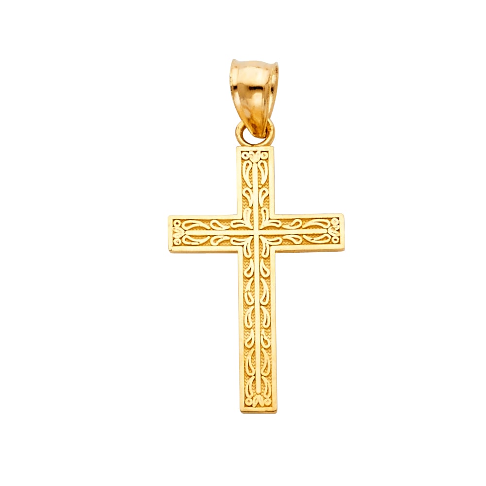 14KY LATIN DESIGN CROSS: 14KY Latin Design Cross Material Type : 14k Gold Material Color : Yellow Avg. Weight: Avg. Weight: 1.13 Gr. Size: Height 30 mm, Width 15 mm Accessories: None Notice: When purchasing pre-owned goods