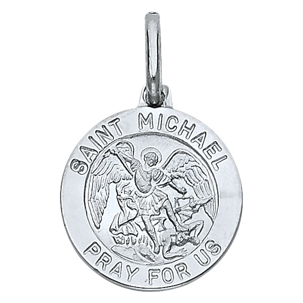 14KW ST. MICHAEL PENDANT: 14KW St. Michael Pendant Material Type : 14k Gold Material Color : White Avg. Weight: Avg. Weight: 2.03 Gr. Size: Height 18 mm, Width 15 mm Accessories: None Notice: When purchasing pre-owned goods