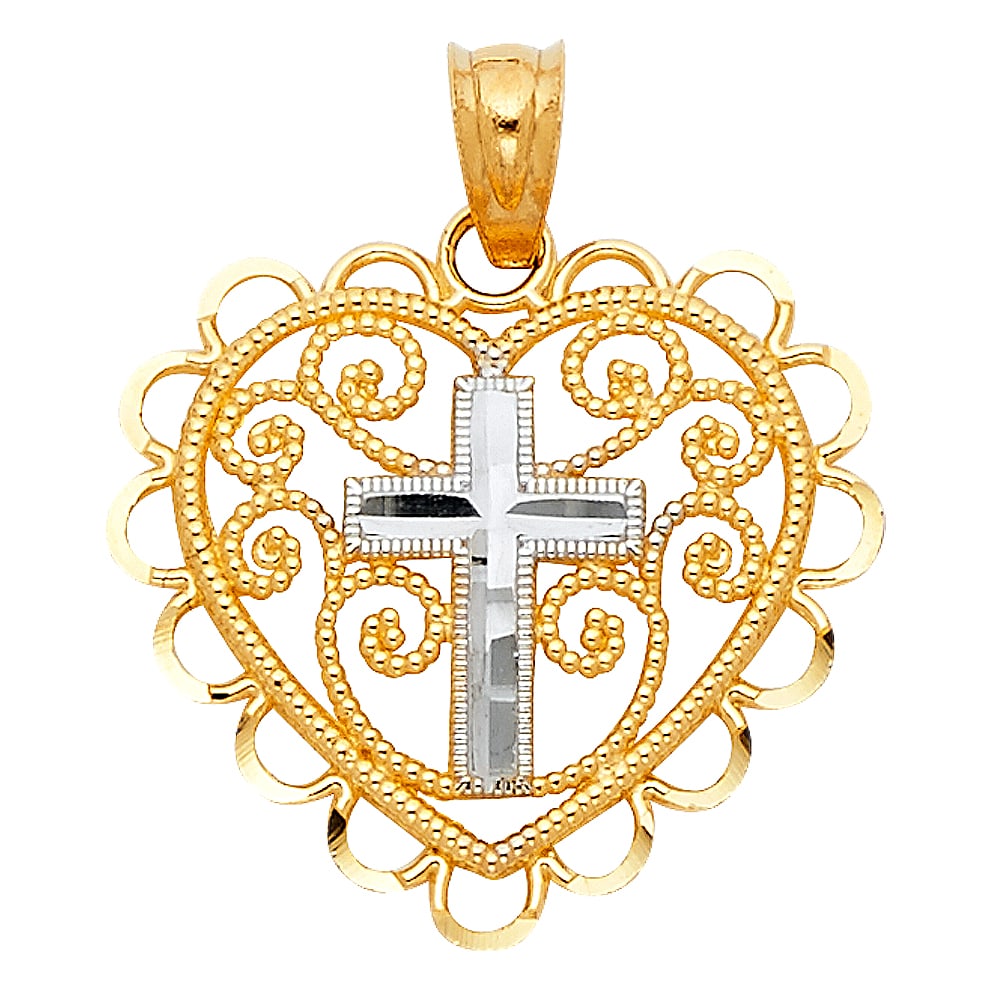 14K HEART PENDANT: 14K Heart Pendant Material Type : 14k Gold Material Color : Two Tone Avg. Weight: Avg. Weight: 1.19 Gr. Size: Height 18 mm, Width 20 mm Accessories: None Notice: When purchasing pre-owned goods, pl