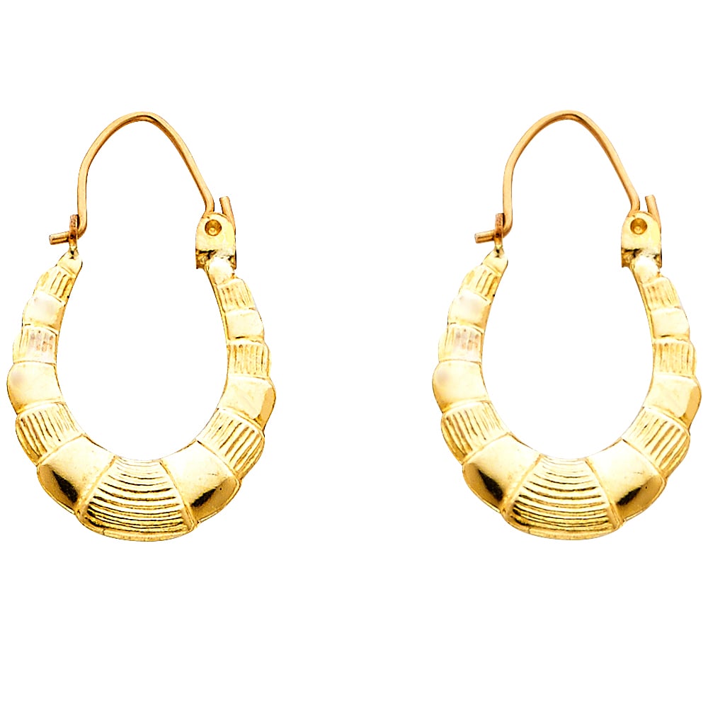 14KY FANCY HOLLOW HOOP EARRINGS: 14KY Fancy Hollow Hoop Earrings Material Type : 14k Gold Material Color : Yellow Avg. Weight: Avg. Weight: 1 Gr Size: Height : 22 mm, Width : 15 mm Accessories: None Notice: When purchasing pre-own