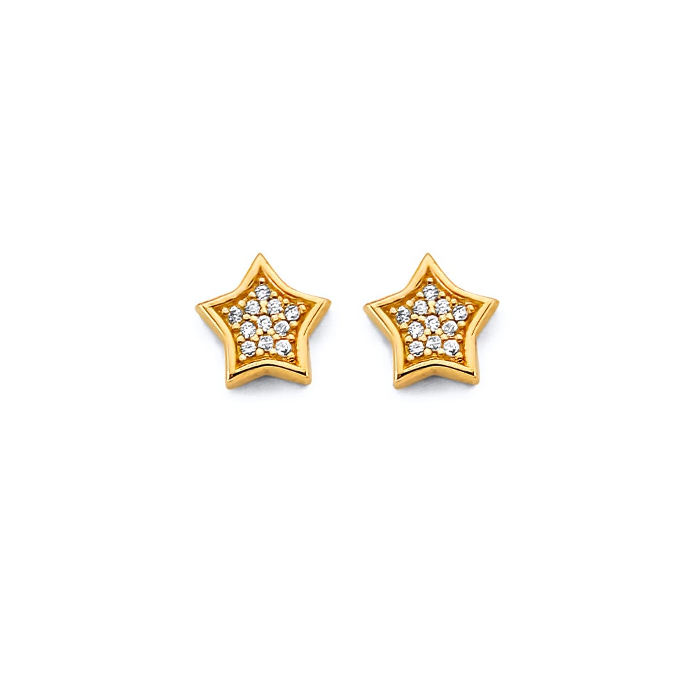 14KY CZ STAR PUSH BACK EARRINGS: 14KY CZ Star Push Back Earrings Material Type : 14k Gold Material Color : Yellow Avg. Weight: Avg. Weight: 1.41 Gr. Size: Height : 7 mm, Width : 7 mm Accessories: None Notice: When purchasing pre-o