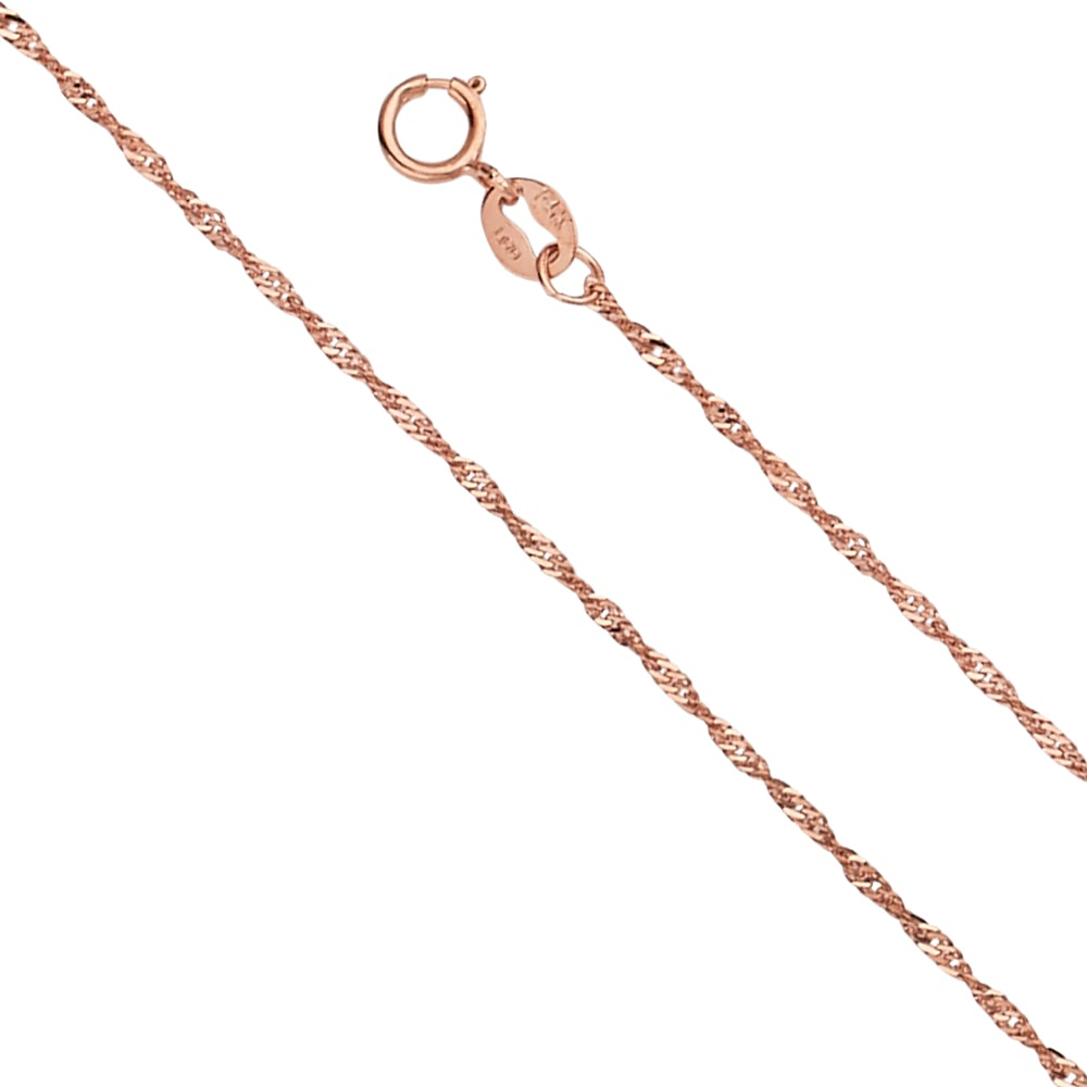 14K PINK SINGAPORE CHAIN: 14K Pink Singapore Chain Material Type : 14k Gold Material Color : Pink Avg. Weight: Avg. Weight: 1.11 Gr Size: Length : 16 inch, Width 1.1mm Accessories: None Notice: When purchasing pre-owned