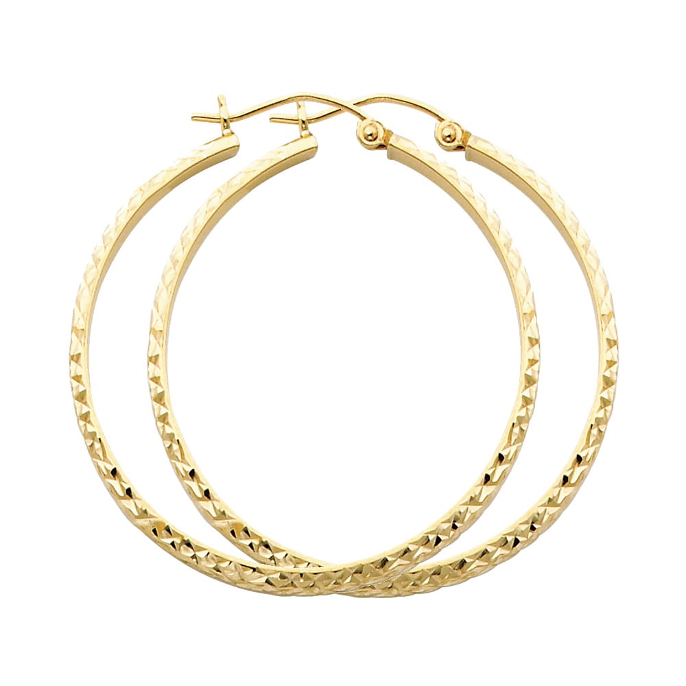 14KY DC HOLLOW ROUND TUBE HOOP EARRINGS: 14KY DC Hollow Round Tube Hoop Earrings Material Type : 14k Gold Material Color : Yellow Avg. Weight: Avg. Weight: 2.14 Gr. Size: Height : 35 mm, Width : 35 mm Accessories: None Notice: When