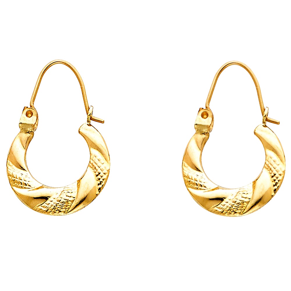 14KY FANCY HOLLOW HOOP EARRINGS: 14KY Fancy Hollow Hoop Earrings Material Type : 14k Gold Material Color : Yellow Avg. Weight: Avg. Weight: 1.01 Gr Size: Height : 22 mm, Width : 15 mm Accessories: None Notice: When purchasing pre-