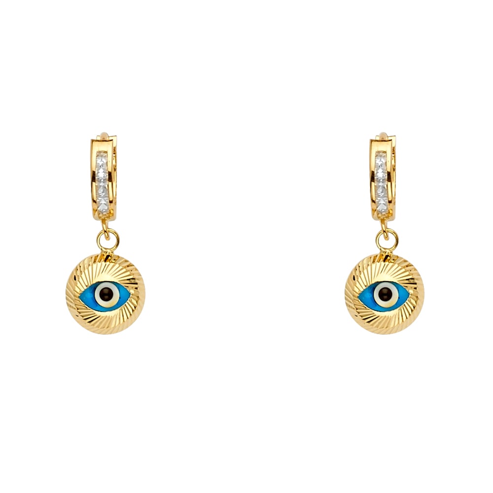 14KY EVIL EYE DANGLE HUGGIES EARRINGS: 14KY Evil Eye Dangle Huggies Earrings Material Type : 14k Gold Material Color : Yellow Avg. Weight: Avg. Weight: 2.5 Gr. Size: Height : 22 mm, Width : 8 mm Accessories: None Notice: When purchasing