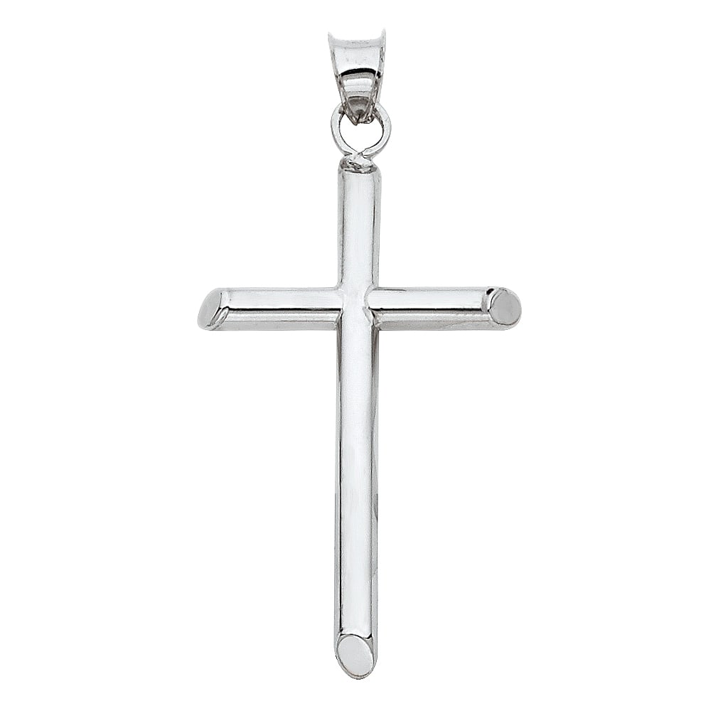 14KW HOLLOW ROUND TUBE CROSS: 14KW Hollow Round Tube Cross Material Type : 14k Gold Material Color : White Avg. Weight: Avg. Weight: 1.38 Gr. Size: Height 40 mm, Width 20 mm Accessories: None Notice: When purchasing pre-owned g