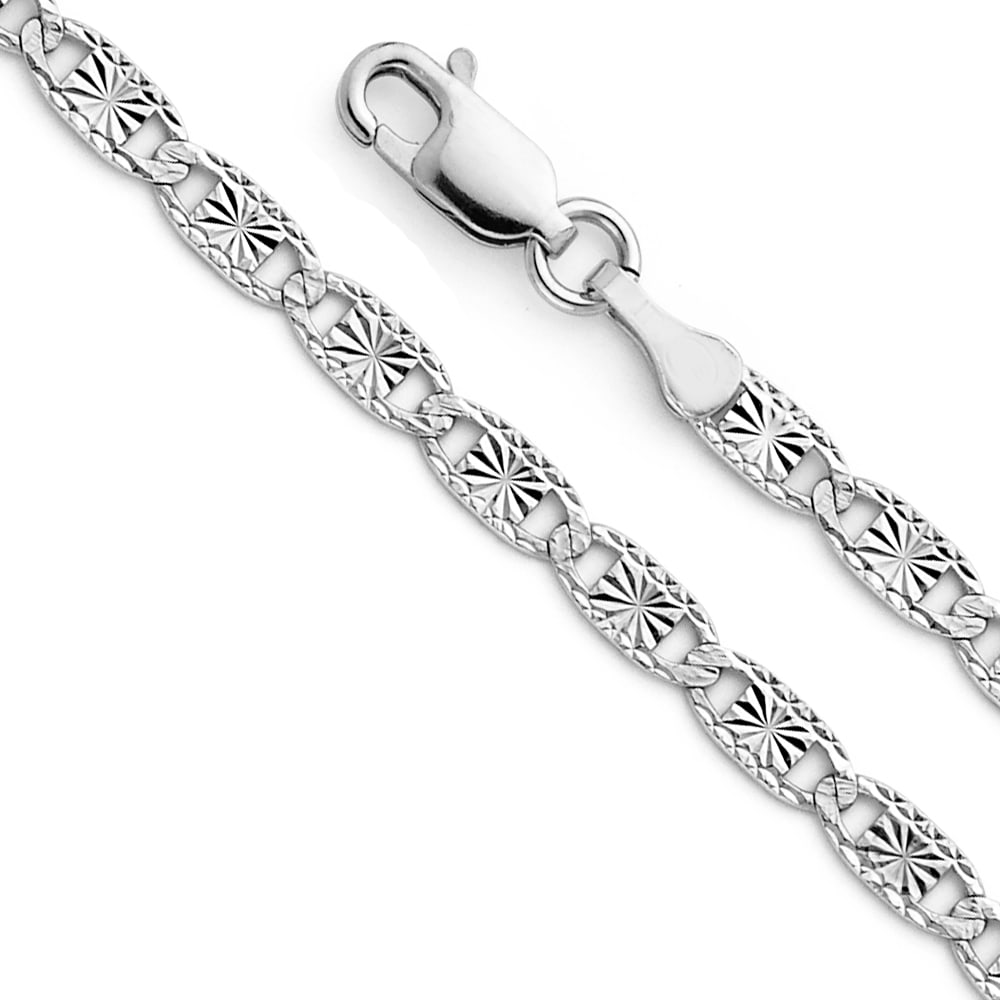 14KW VALENTINO STAR/EDGE DC CHAIN: 14KW Valentino Star/Edge DC Chain Material Type : 14k Gold Material Color : White Avg. Weight: Avg. Weight: 3.31 Gr. Size: Length : 7.5 inch, Width 3.3mm Accessories: None Notice: When purchasing p