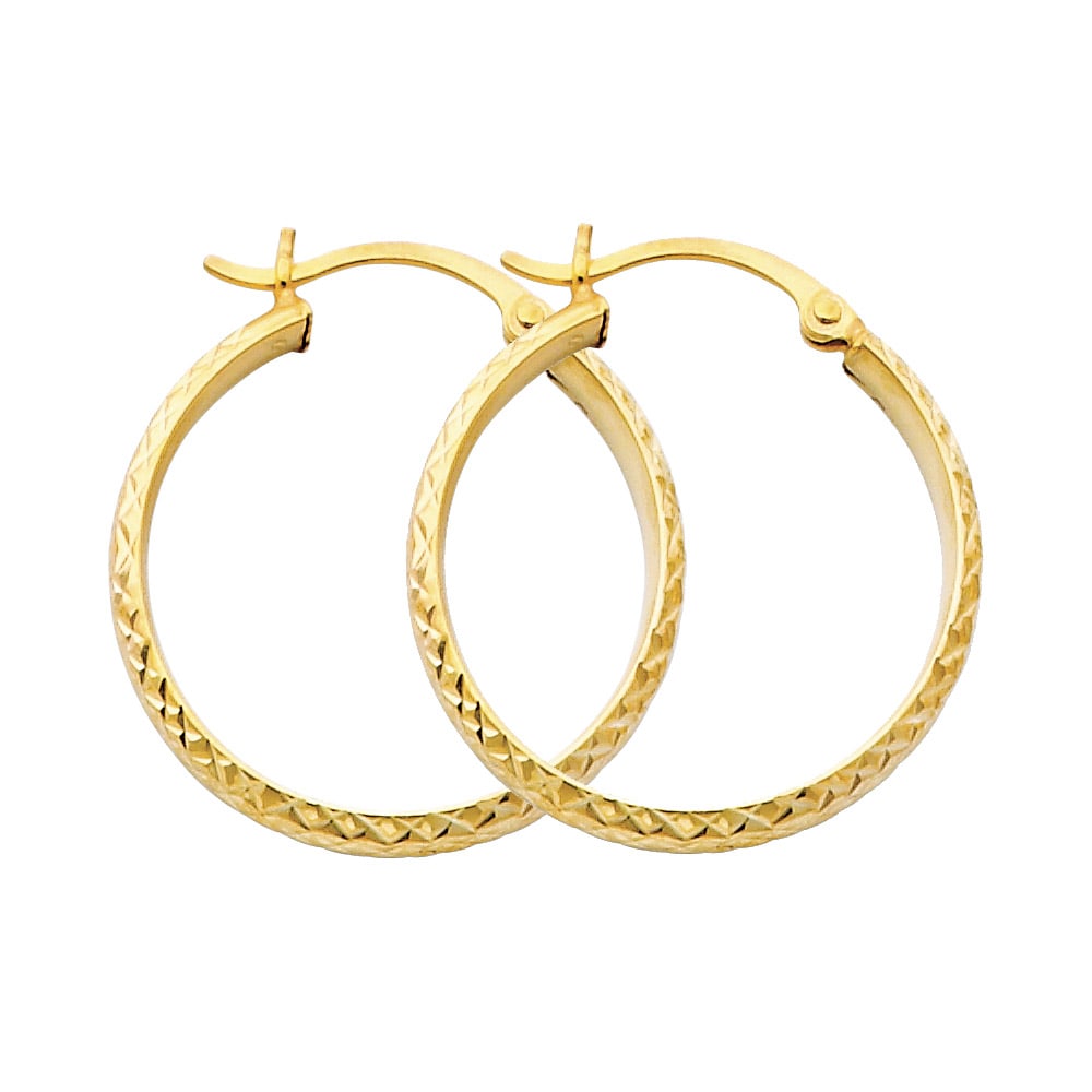 14KY DC HOLLOW ROUND TUBE HOOP EARRINGS: 14KY DC Hollow Round Tube Hoop Earrings Material Type : 14k Gold Material Color : Yellow Avg. Weight: Avg. Weight: 1.5 Gr. Size: Height : 25 mm, Width : 25 mm Accessories: None Notice: When purchas