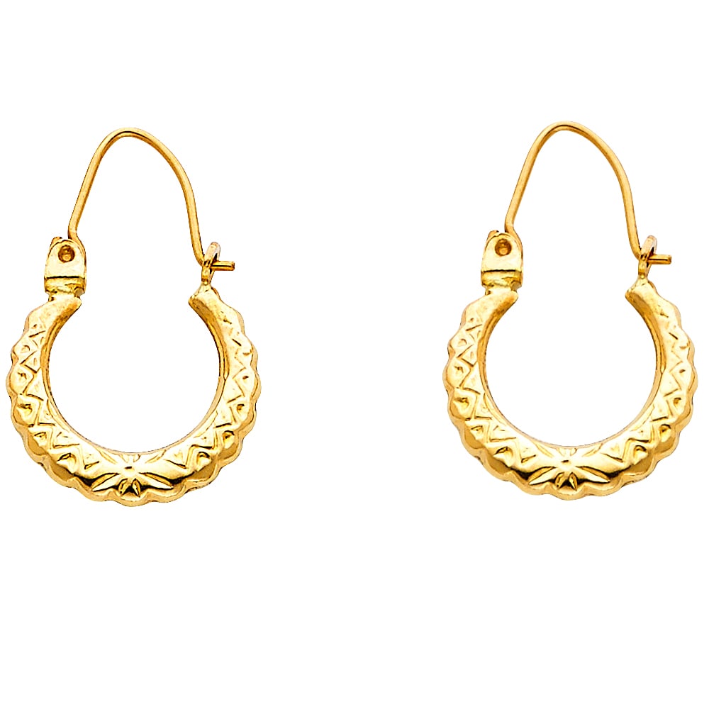 14KY FANCY HOLLOW HOOP EARRINGS: 14KY Fancy Hollow Hoop Earrings Material Type : 14k Gold Material Color : Yellow Avg. Weight: Avg. Weight: 0.85 Gr Size: Height : 22 mm, Width : 15 mm Accessories: None Notice: When purchasing pre-