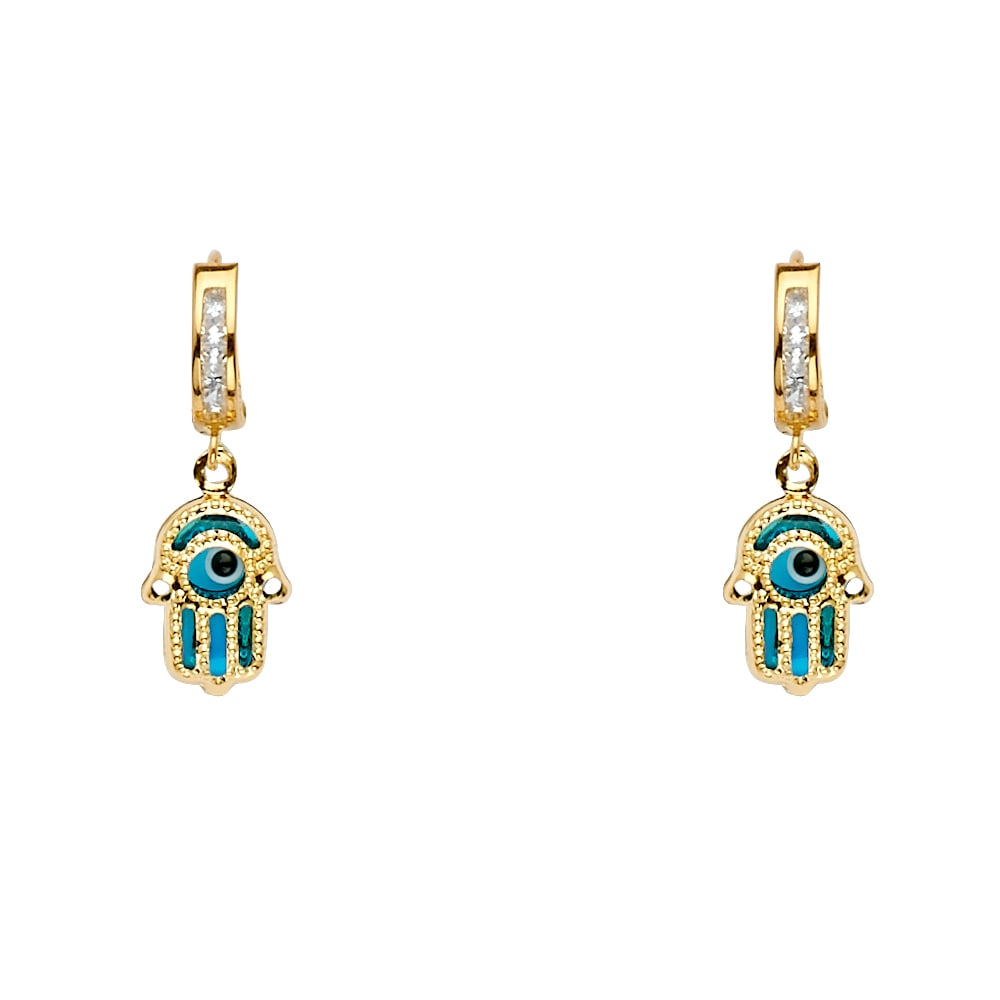 14KY HAMSA DANGLE HUGGIES EARRINGS: 14KY Hamsa Dangle Huggies Earrings Material Type : 14k Gold Material Color : Yellow Avg. Weight: Avg. Weight: 2.36 Gr. Size: Height : 25 mm, Width : 8 mm Accessories: None Notice: When purchasing p