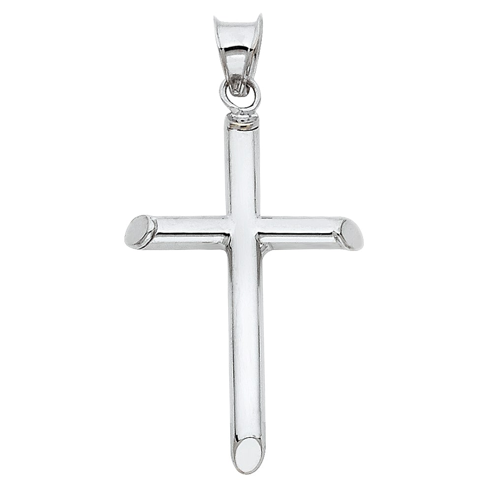 14KW HOLLOW ROUND TUBE CROSS: 14KW Hollow Round Tube Cross Material Type : 14k Gold Material Color : White Avg. Weight: Avg. Weight: 1.06 Gr. Size: Height 35 mm, Width 15 mm Accessories: None Notice: When purchasing pre-owned g