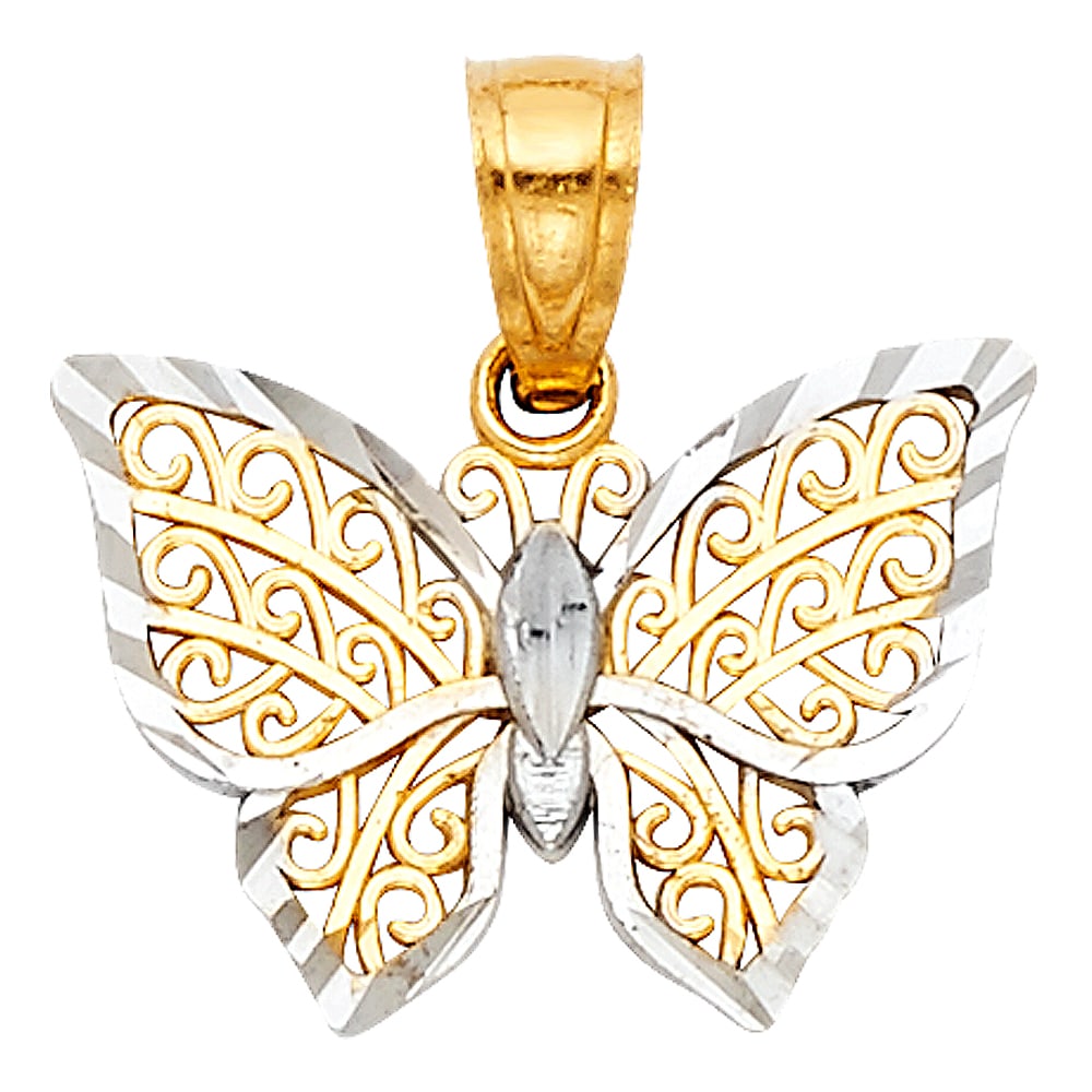 14K BUTTERFLY PENDANT: 14K Butterfly Pendant Material Type : 14k Gold Material Color : Two Tone Avg. Weight: Avg. Weight: 0.57 Gr. Size: Height 12 mm, Width 15 mm Accessories: None Notice: When purchasing pre-owned goods