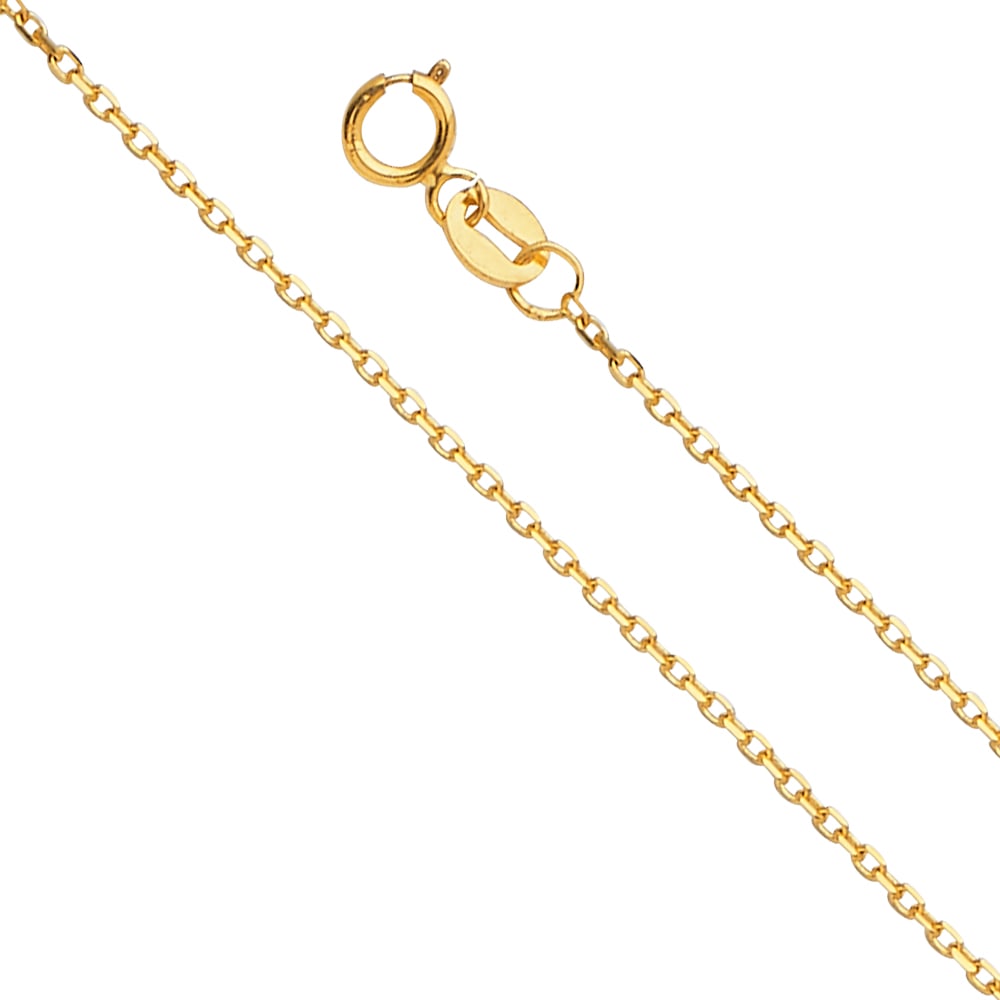 14KY ANGLE CUT OVAL ROLO: 14KY Angle Cut Oval Rolo Material Type : 14k Gold Material Color : Yellow Avg. Weight: Avg. Weight: 0.8 Gr Size: Length : 16 inch, Width 0.9mm Accessories: None Notice: When purchasing pre-owned go
