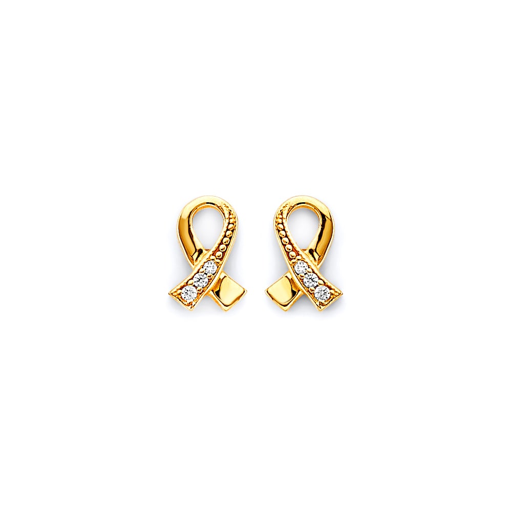 14KY CZ CANCER RIBBON PUSH BACK EARRINGS: 14KY CZ Cancer Ribbon Push Back Earrings Material Type : 14k Gold Material Color : Yellow Avg. Weight: Avg. Weight: 1.27 Gr. Size: Height : 8 mm, Width : 5 mm Accessories: None Notice: When purchas