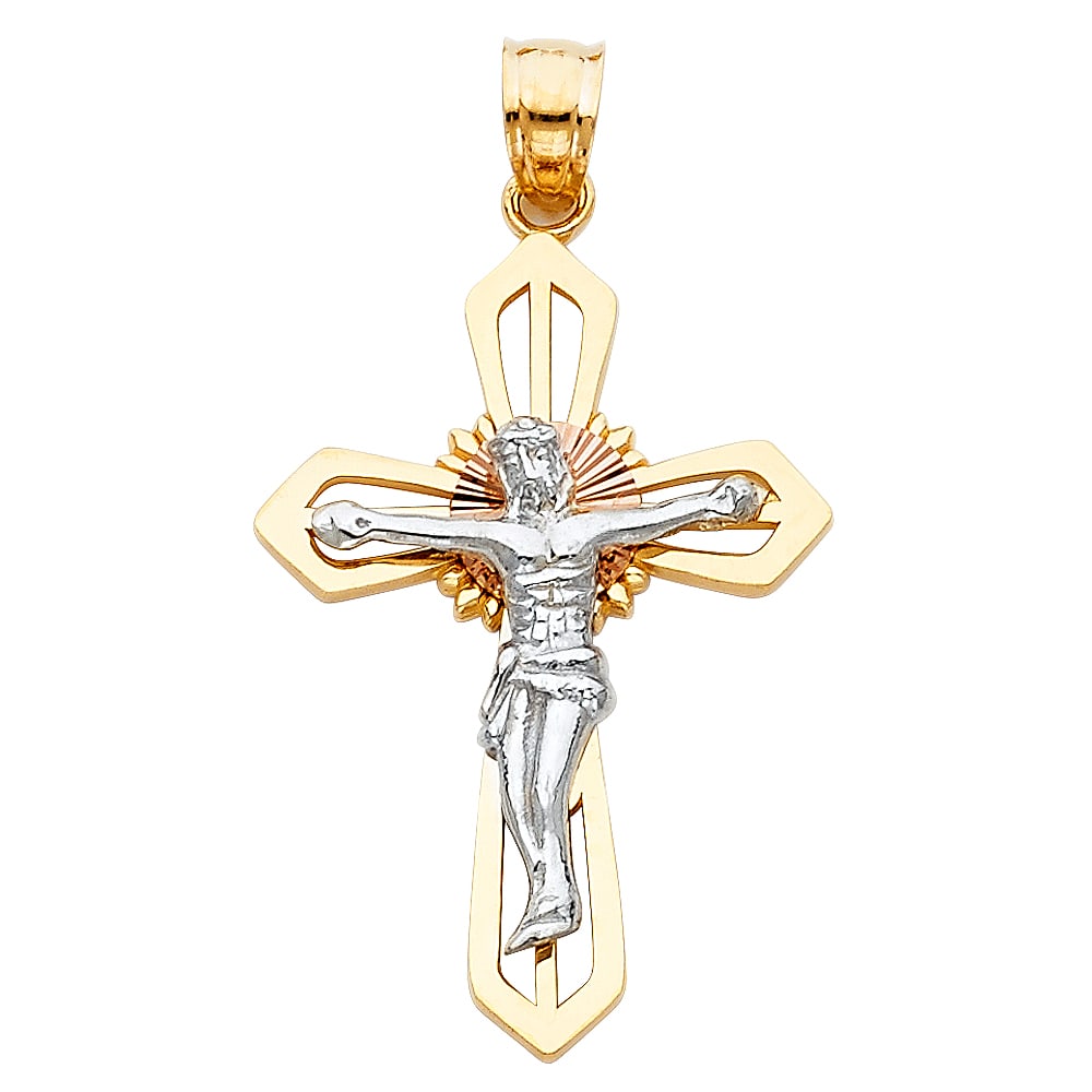 14K 3C CRUCUFIX CROSS: 14K 3C Crucufix Cross Material Type : 14k Gold Material Color : Tri Color Avg. Weight: Avg. Weight: 2.72 Gr. Size: Height 35 mm, Width 20 mm Accessories: None Notice: When purchasing pre-owned good