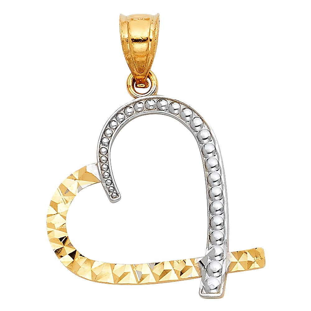 14K HEART PENDANT: 14K Heart Pendant Material Type : 14k Gold Material Color : Two Tone Avg. Weight: Avg. Weight: 1.07 Gr. Size: Height 20 mm, Width 20 mm Accessories: None Notice: When purchasing pre-owned goods, pl