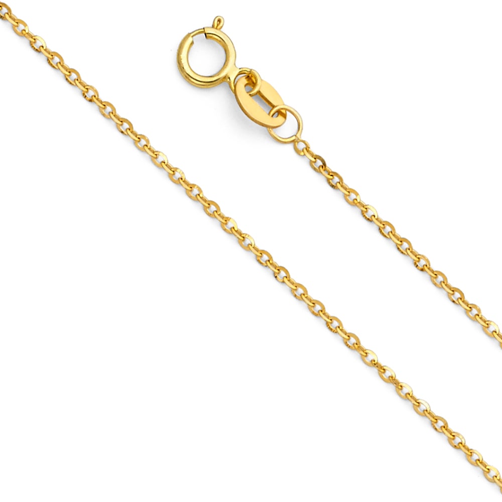 14KY SIDE DC ROLO CABLE CHAIN: 14KY Side DC Rolo Cable Chain Material Type : 14k Gold Material Color : Yellow Avg. Weight: Avg. Weight: 1.05 Gr. Size: Length : 16 inch, Width 1.2mm Accessories: None Notice: When purchasing