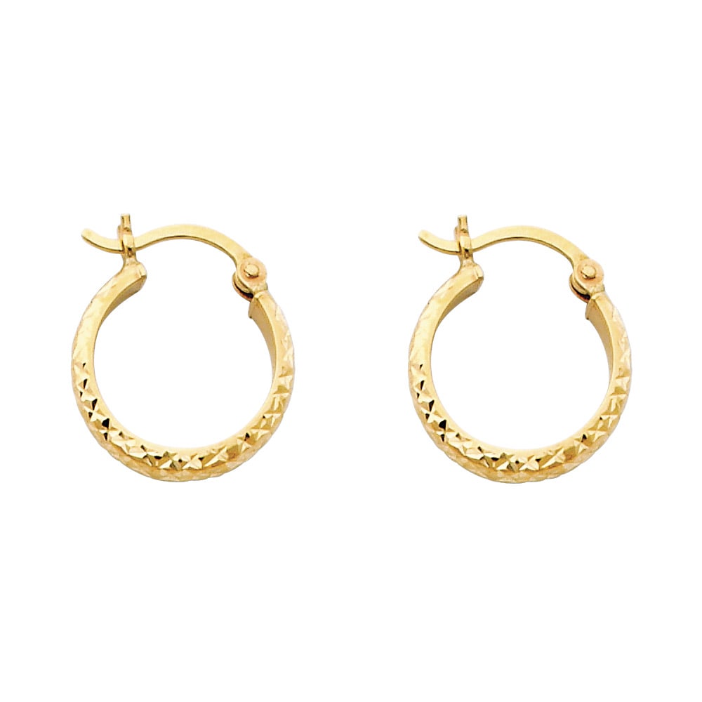 14KY DC HOLLOW ROUND TUBE HOOP EARRINGS: 14KY DC Hollow Round Tube Hoop Earrings Material Type : 14k Gold Material Color : Yellow Avg. Weight: Avg. Weight: 0.93 Gr. Size: Height : 15 mm, Width : 15 mm Accessories: None Notice: When