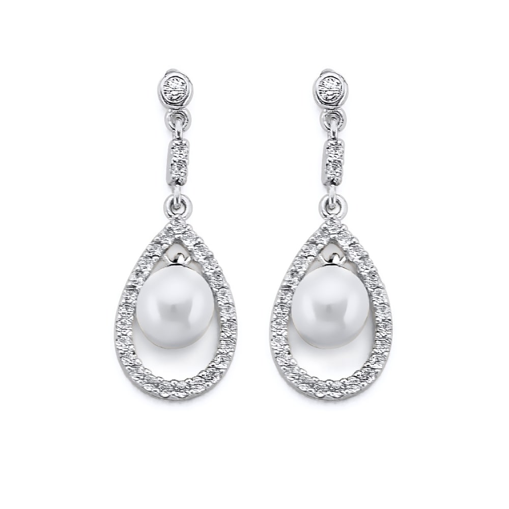 14KW CZ PEARL EARRINGS: 14KW CZ Pearl Earrings Material Type : 14k Gold Material Color : White Avg. Weight: Avg. Weight: 2.82 Gr. Size: Height : 27 mm, Width : 10 mm Accessories: None Notice: When purchasing pre-owned