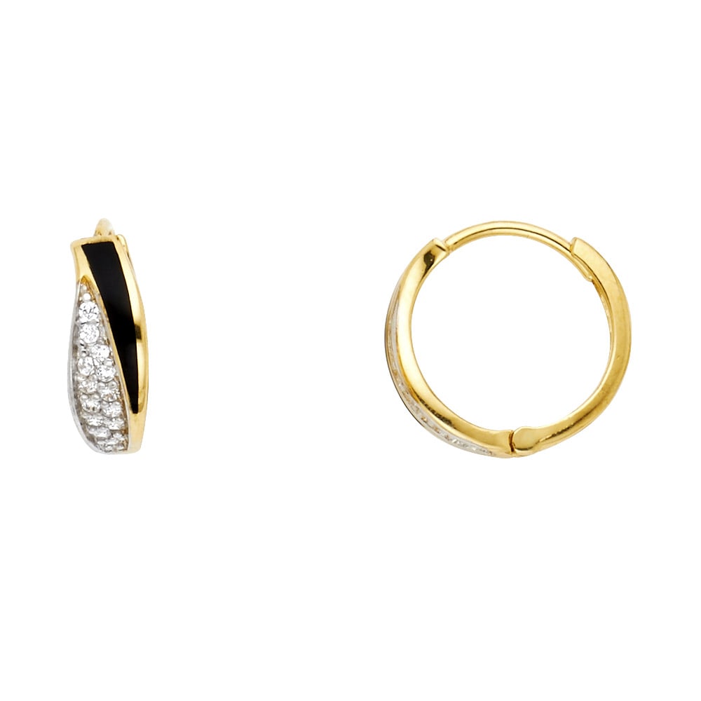 14K 2T ONYX & CZ HUGGIES EARRINGS: 14K 2T Onyx & CZ Huggies Earrings Material Type : 14k Gold Material Color : Two Tone Avg. Weight: Avg. Weight: 1.76 Gr. Size: Height : 10 mm, Width : 10 mm Accessories: None Notice: When purchasing