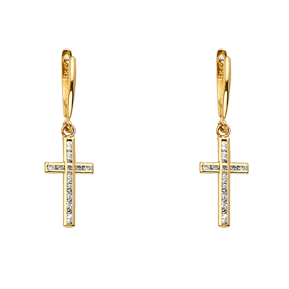 14KY CZ CHANNEL SET CROSS DANGLE EARRINGS: 14KY CZ Channel Set Cross Dangle Earrings Material Type : 14k Gold Material Color : Yellow Avg. Weight: Avg. Weight: 2.05 Gr. Size: Height : 33 mm, Width : 10 mm Accessories: None Notice: When