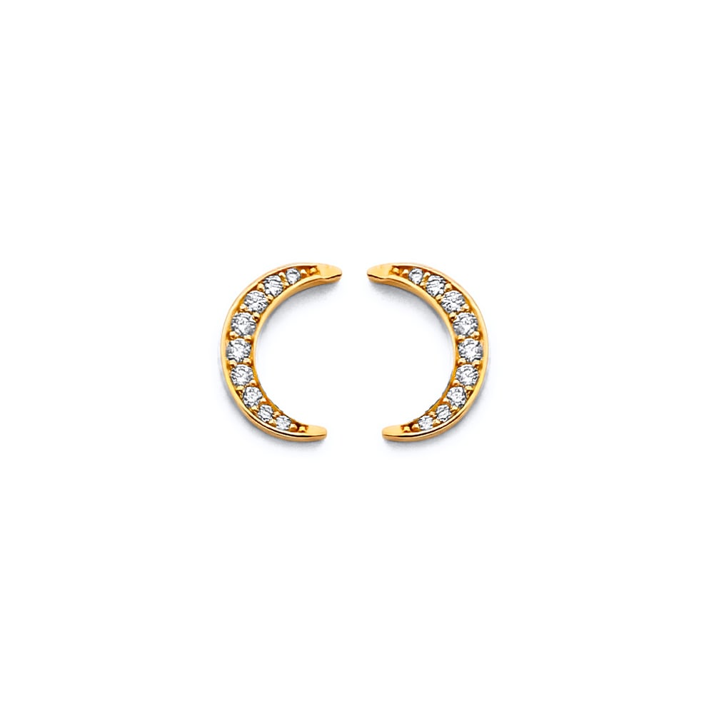 14KY CZ MOON PUSH BACK EARRINGS: 14KY CZ Moon Push Back Earrings Material Type : 14k Gold Material Color : Yellow Avg. Weight: Avg. Weight: 0.8 Gr. Size: Height : 10 mm, Width : 7 mm Accessories: None Notice: When purchasing