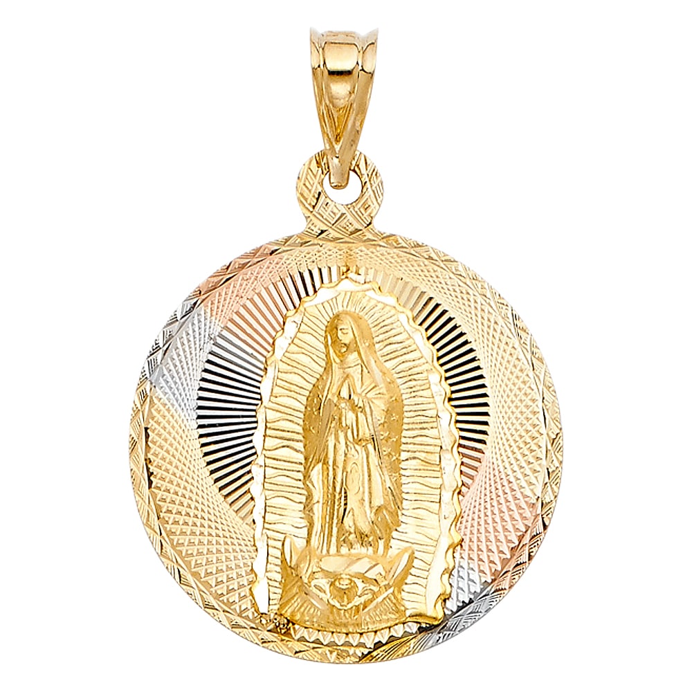 14K 3C RELIGIOUS STAMP PENDANT: 14K 3C Religious Stamp Pendant Material Type : 14k Gold Material Color : Tri Color Avg. Weight: Avg. Weight: 4.56 Gr. Size: Height 32 mm, Width 27 mm Accessories: None Notice: When purchasing pre-o