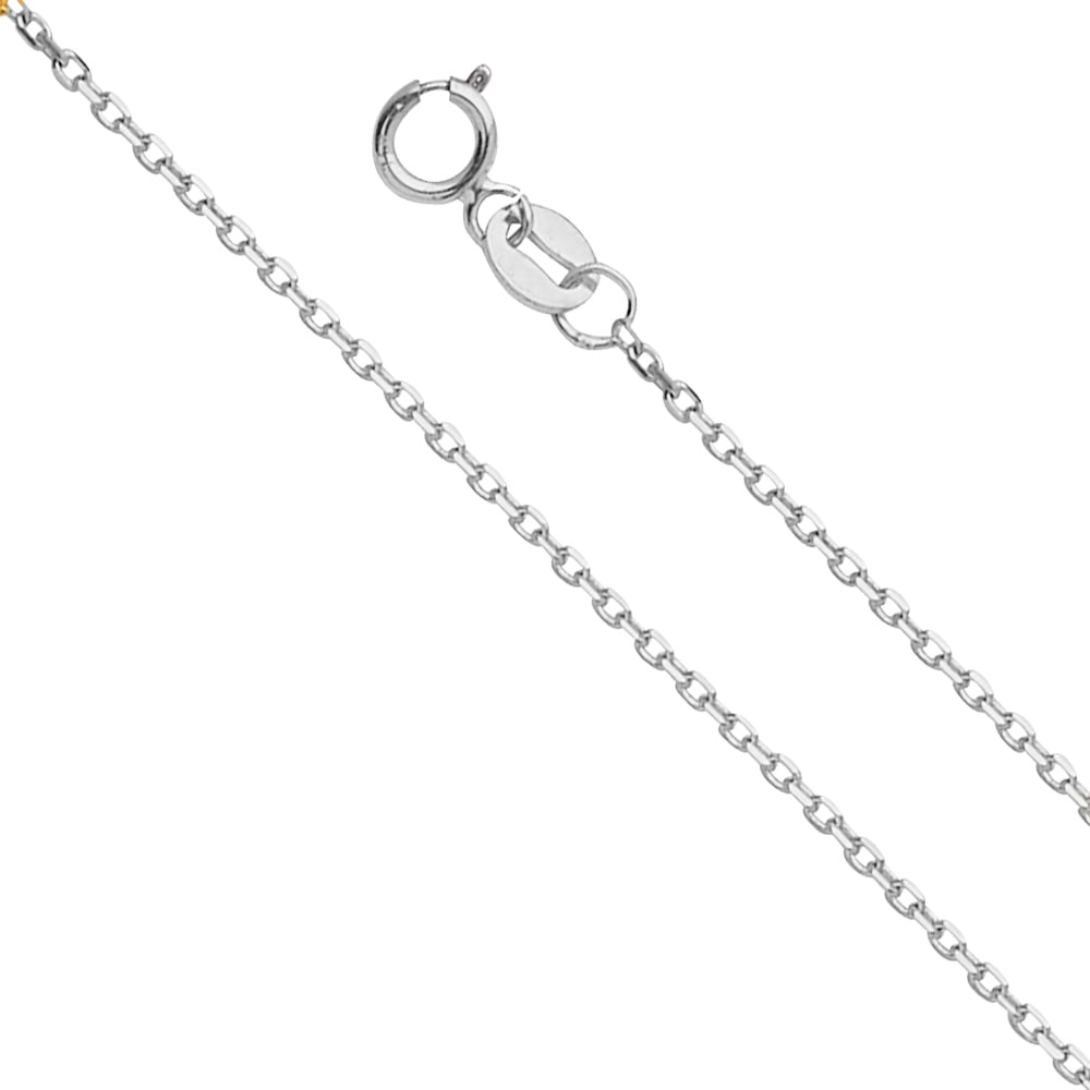 14KW ANGLE CUT OVAL ROLO: 14KW Angle Cut Oval Rolo Material Type : 14k Gold Material Color : White Avg. Weight: Avg. Weight: 0.93 Gr. Size: Length : 18 inch, Width 0.9mm Accessories: None Notice: When purchasing pre-owned