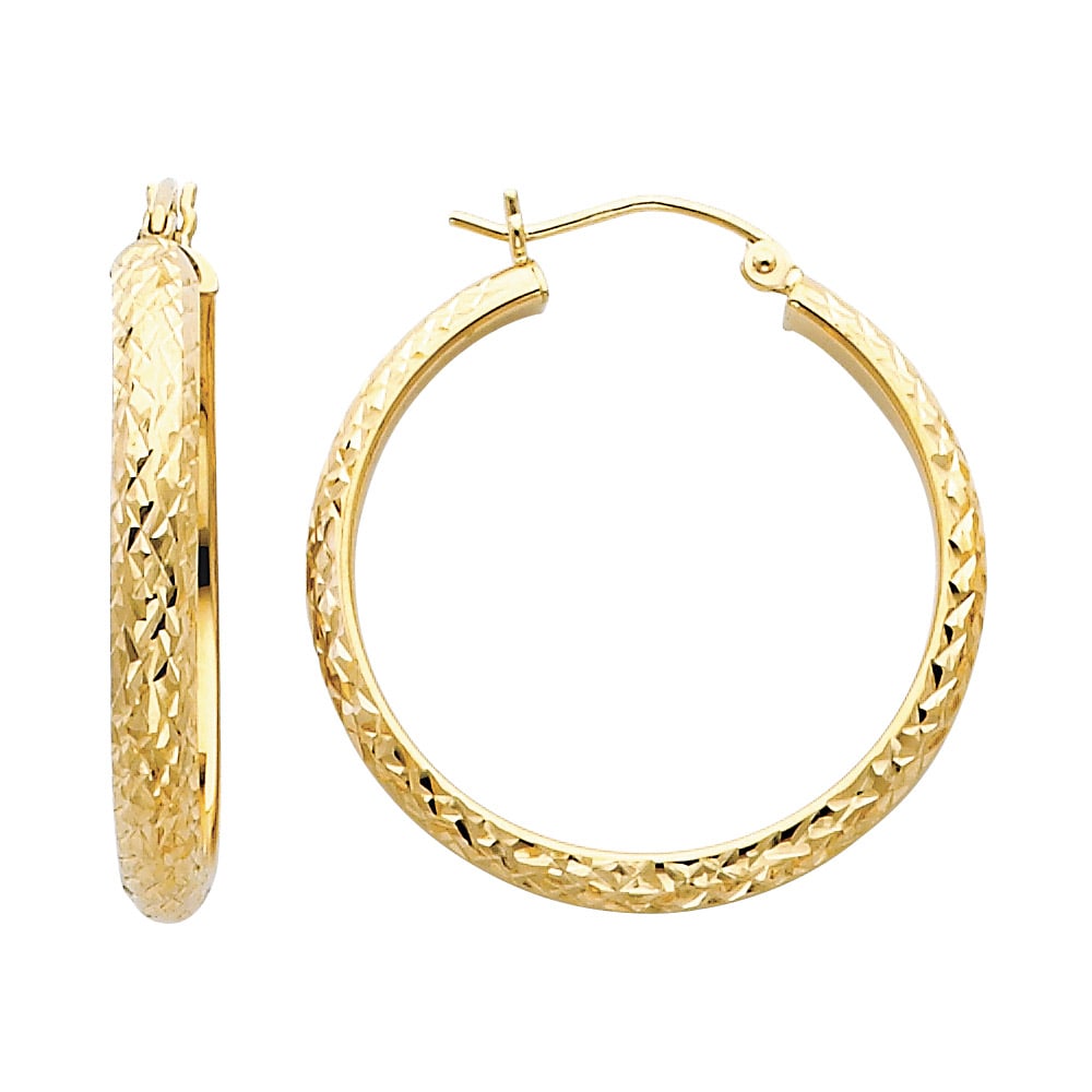 14KY DC HOLLOW ROUND TUBE HOOP EARRINGS: 14KY DC Hollow Round Tube Hoop Earrings Material Type : 14k Gold Material Color : Yellow Avg. Weight: Avg. Weight: 1.92 Gr. Size: Height : 30 mm, Width : 30 mm Accessories: None Notice: When purcha