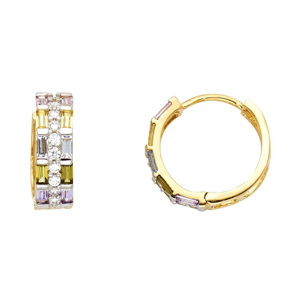 14KY MULTI COLOR CZ HUGGIES EARRINGS: 14KY Multi Color CZ Huggies Earrings Material Type : 14k Gold Material Color : Yellow Avg. Weight: Avg. Weight: 2.83 Gr. Size: Height : 15 mm, Width : 15 mm Accessories: None Notice: When purchasing