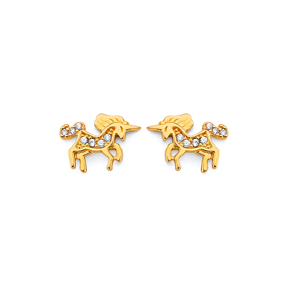 14KY CZ UNICORN PUSH BACK EARRINGS: 14KY CZ Unicorn Push Back Earrings Material Type : 14k Gold Material Color : Yellow Avg. Weight: Avg. Weight: 1.52 Gr. Size: Height : 8 mm, Width : 10 mm Accessories: None Notice: When purchasing