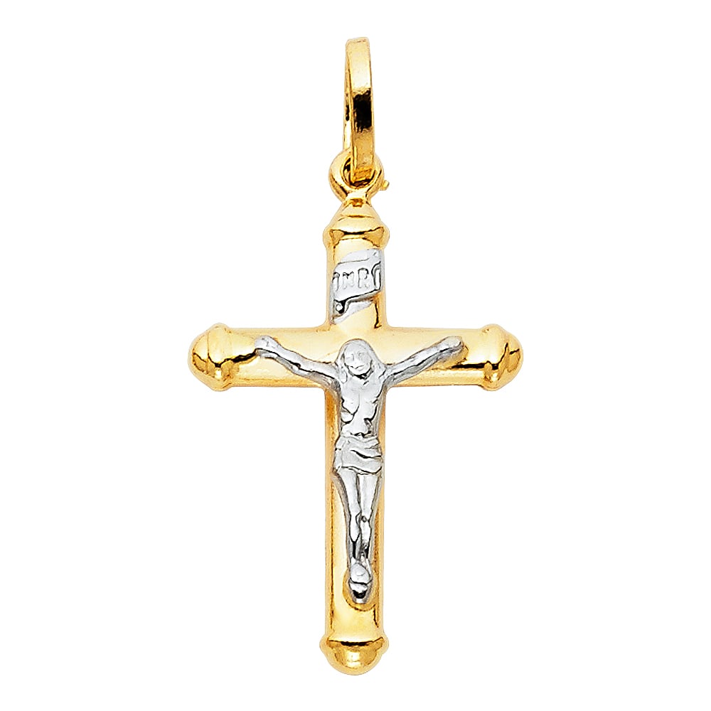 14K 2T HOLLOW CRUCUFIX SMALL: 14K 2T Hollow Crucufix Small Material Type : 14k Gold Material Color : Two Tone Avg. Weight: Avg. Weight: 1.3 Gr. Size: Height 30 mm, Width 15 mm Accessories: None Notice: When purchasing pre-owned