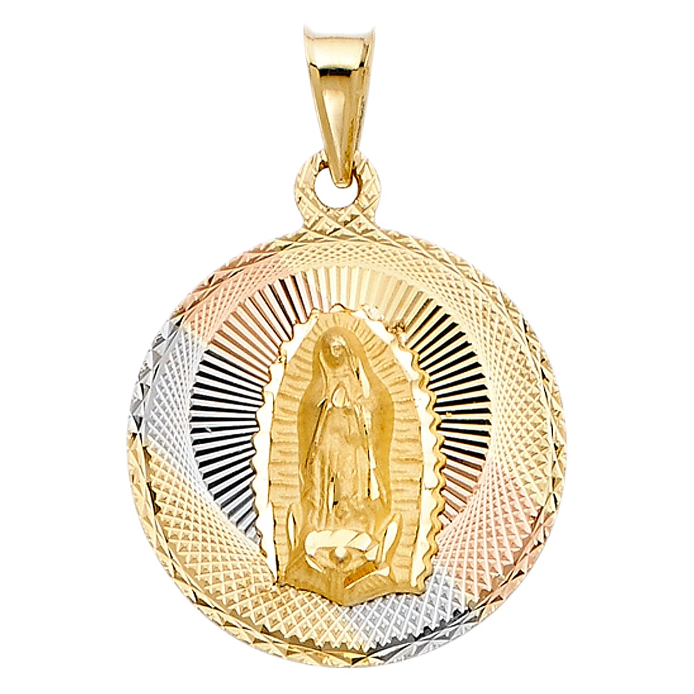 14K 3C RELIGIOUS STAMP PENDANT: 14K 3C Religious Stamp Pendant Material Type : 14k Gold Material Color : Tri Color Avg. Weight: Avg. Weight: 2.7 Gr. Size: Height 28 mm, Width 23 mm Accessories: None Notice: When purchasing