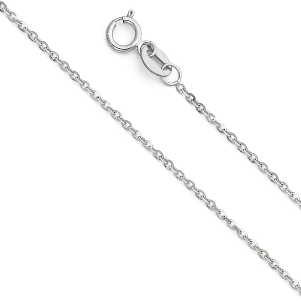 14KW SIDE DC ROLO CABLE CHAIN: 14KW Side DC Rolo Cable Chain Material Type : 14k Gold Material Color : White Avg. Weight: Avg. Weight: 1.2 Gr. Size: Length : 16 inch, Width 1.2mm Accessories: None Notice: When purchasing pre-own