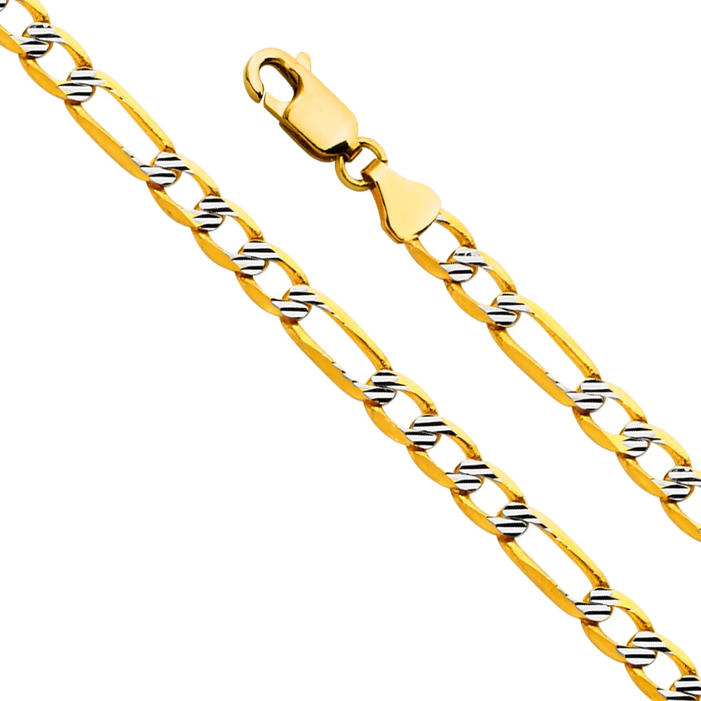 14KY FIGARO FANCY WP: 14KY Figaro Fancy WP Material Type : 14k Gold Material Color : Two Tone Avg. Weight: Avg. Weight: 6.13 Gr. Size: Length : 7.5 inch, Width 4.7mm Accessories: None Notice: When purchasing pre-owned g