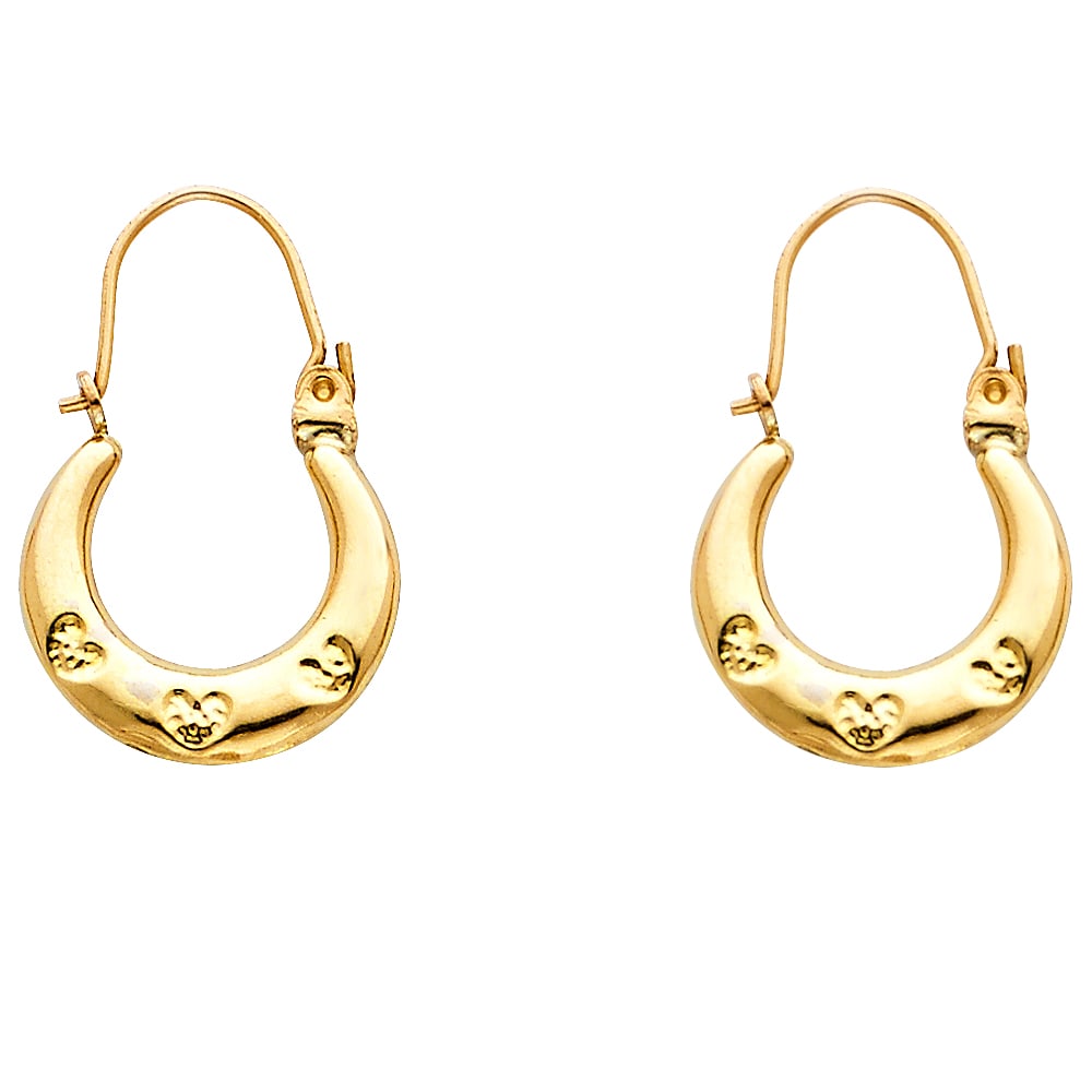 14KY FANCY HOLLOW HOOP EARRINGS: 14KY Fancy Hollow Hoop Earrings Material Type : 14k Gold Material Color : Yellow Avg. Weight: Avg. Weight: 0.99 Gr Size: Height : 22 mm, Width : 14 mm Accessories: None Notice: When purchasing pre-