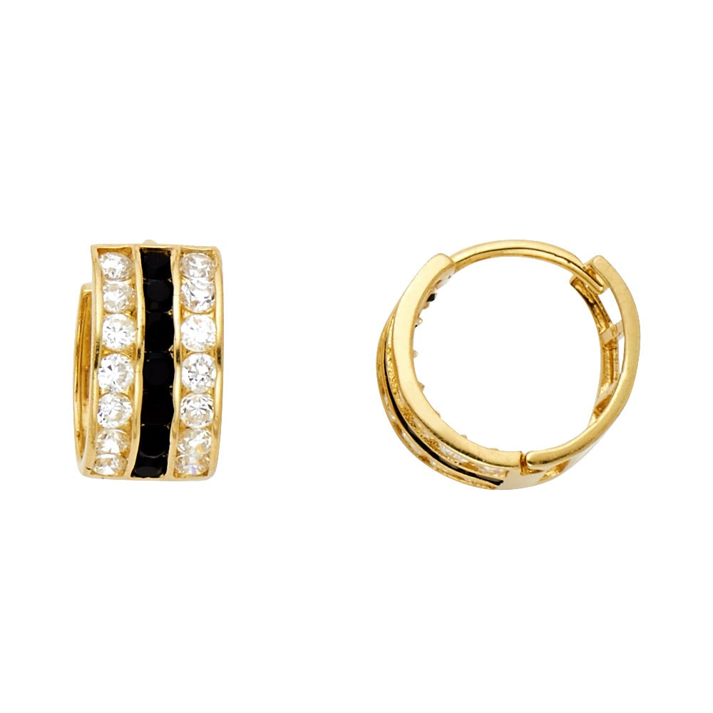 14KY B & WHITE CZ HUGGIES EARRINGS: 14KY B & White CZ Huggies Earrings Material Type : 14k Gold Material Color : Yellow Avg. Weight: Avg. Weight: 2.71 Gr. Size: Height : 10 mm, Width : 10 mm Accessories: None Notice: When purchasing