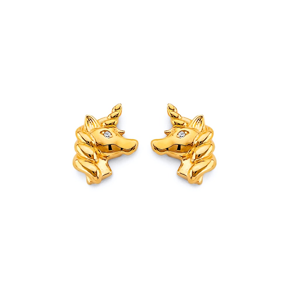 14KY UNICORN PUSH BACK EARRINGS: 14KY Unicorn Push Back Earrings Material Type : 14k Gold Material Color : Yellow Avg. Weight: Avg. Weight: 1.49 Gr. Size: Height : 10 mm, Width : 10 mm Accessories: None Notice: When purchasing