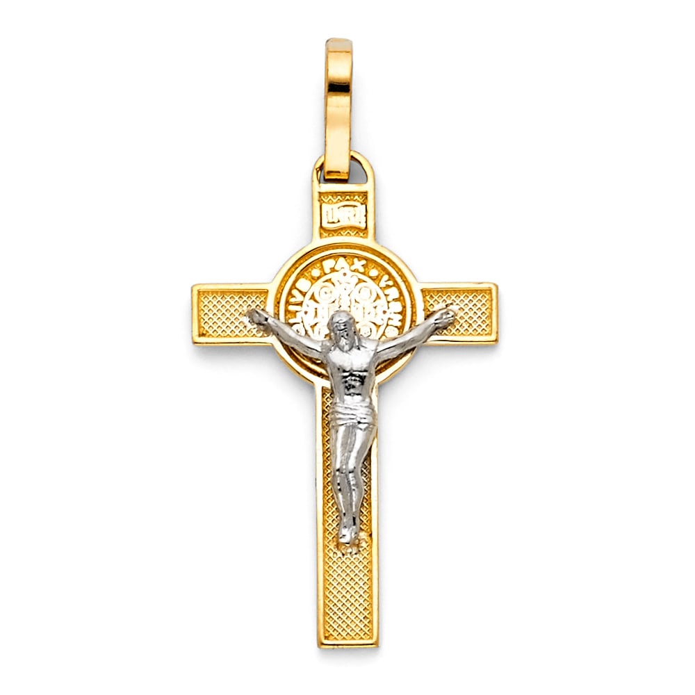 14K 2T CRUCUFIX CROSS BIG: 14K 2T Crucufix Cross Big Material Type : 14k Gold Material Color : Two Tone Avg. Weight: Avg. Weight: 1.75 Gr Size: Height 35 mm, Width 20 mm Accessories: None Notice: When purchasing pre-owned