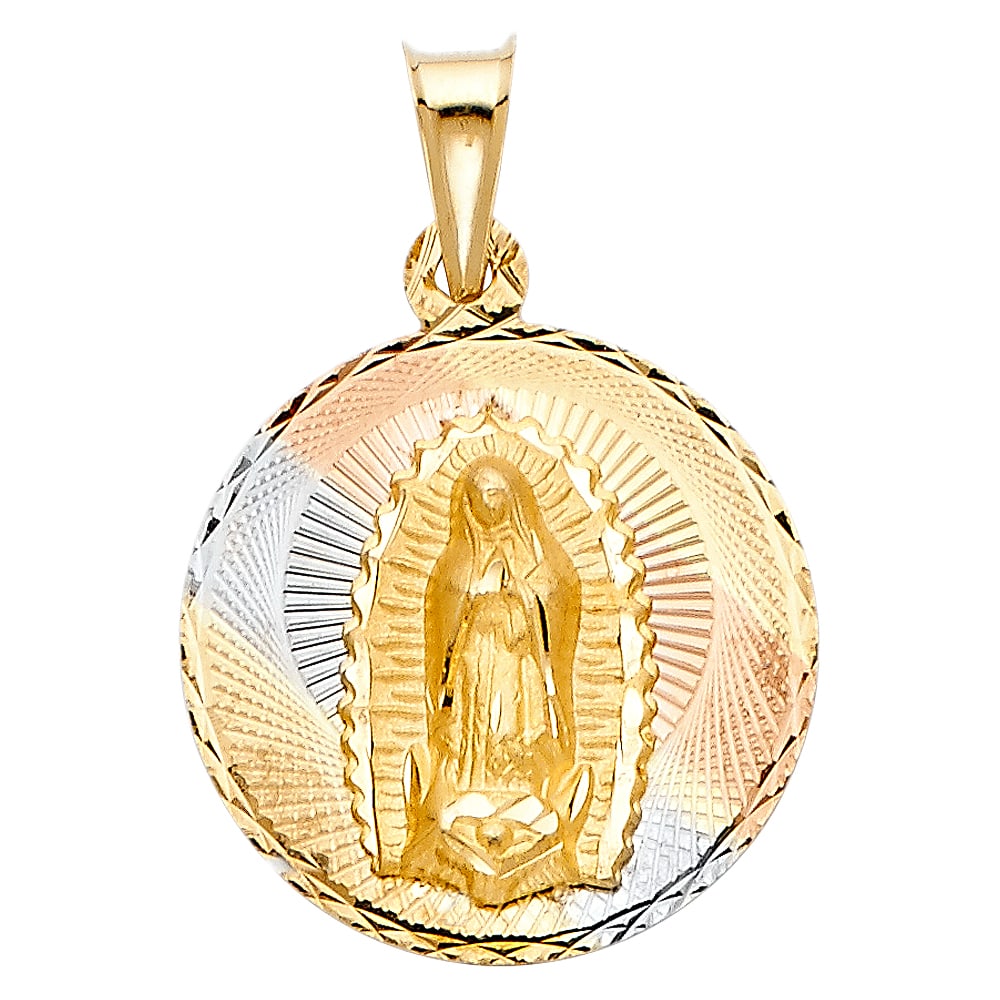 14K 3C RELIGIOUS STAMP PENDANT: 14K 3C Religious Stamp Pendant Material Type : 14k Gold Material Color : Tri Color Avg. Weight: Avg. Weight: 1.98 Gr. Size: Height 25 mm, Width 20 mm Accessories: None Notice: When purchasing