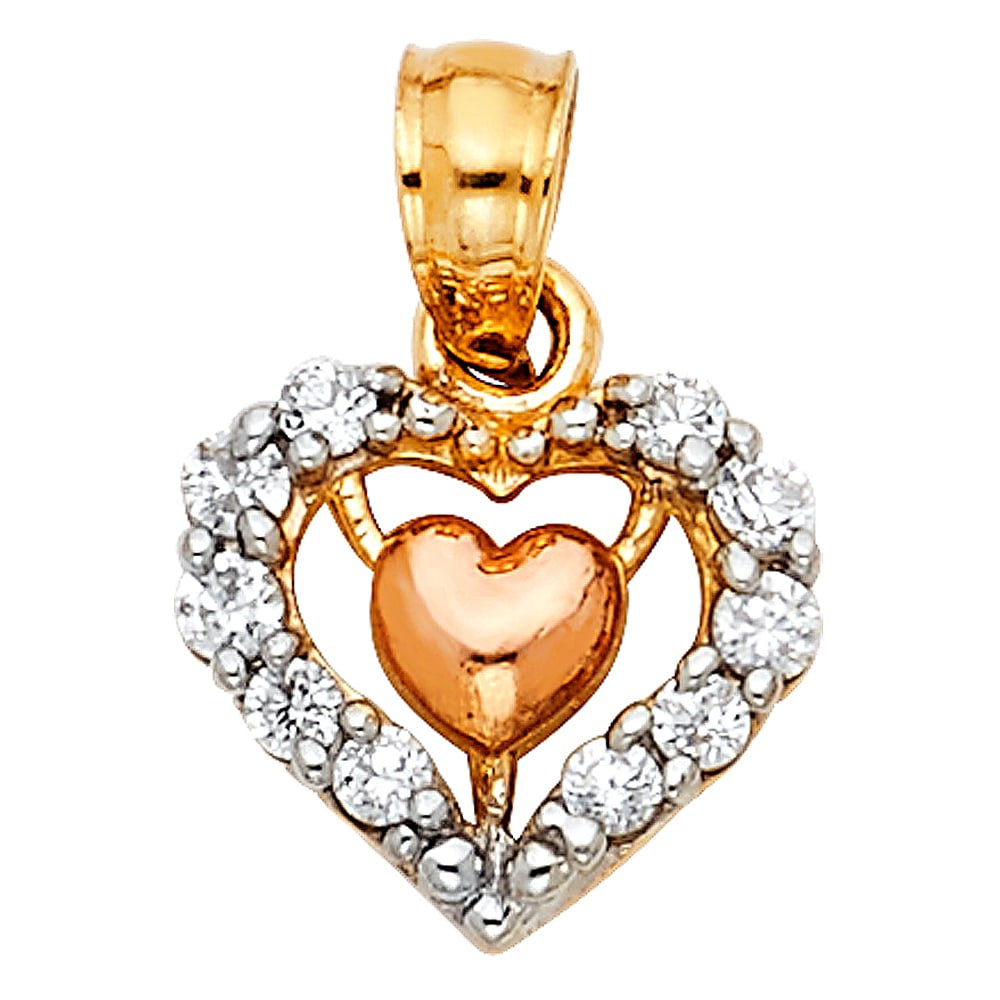 14K HEART PENDANT: 14K Heart Pendant Material Type : 14k Gold Material Color : Tri Color Avg. Weight: Avg. Weight: 0.84 Gr. Size: Height 10 mm, Width 10 mm Accessories: None Notice: When purchasing pre-owned goods, p