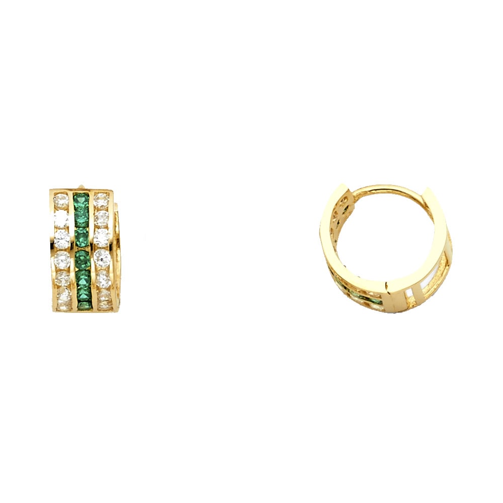 14KY GREEN & WHITE CZ HUGGIES EARRINGS: 14KY Green & White CZ Huggies Earrings Material Type : 14k Gold Material Color : Yellow Avg. Weight: Avg. Weight: 1.43 Gr. Size: Height : 10 mm, Width : 10 mm Accessories: None Notice: When