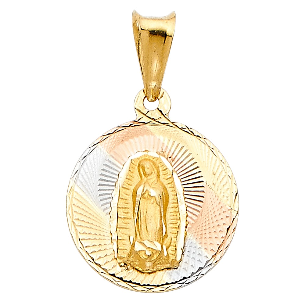 14K 3C RELIGIOUS STAMP PENDANT: 14K 3C Religious Stamp Pendant Material Type : 14k Gold Material Color : Tri Color Avg. Weight: Avg. Weight: 1.54 Gr. Size: Height 20 mm, Width 15 mm Accessories: None Notice: When purchasing