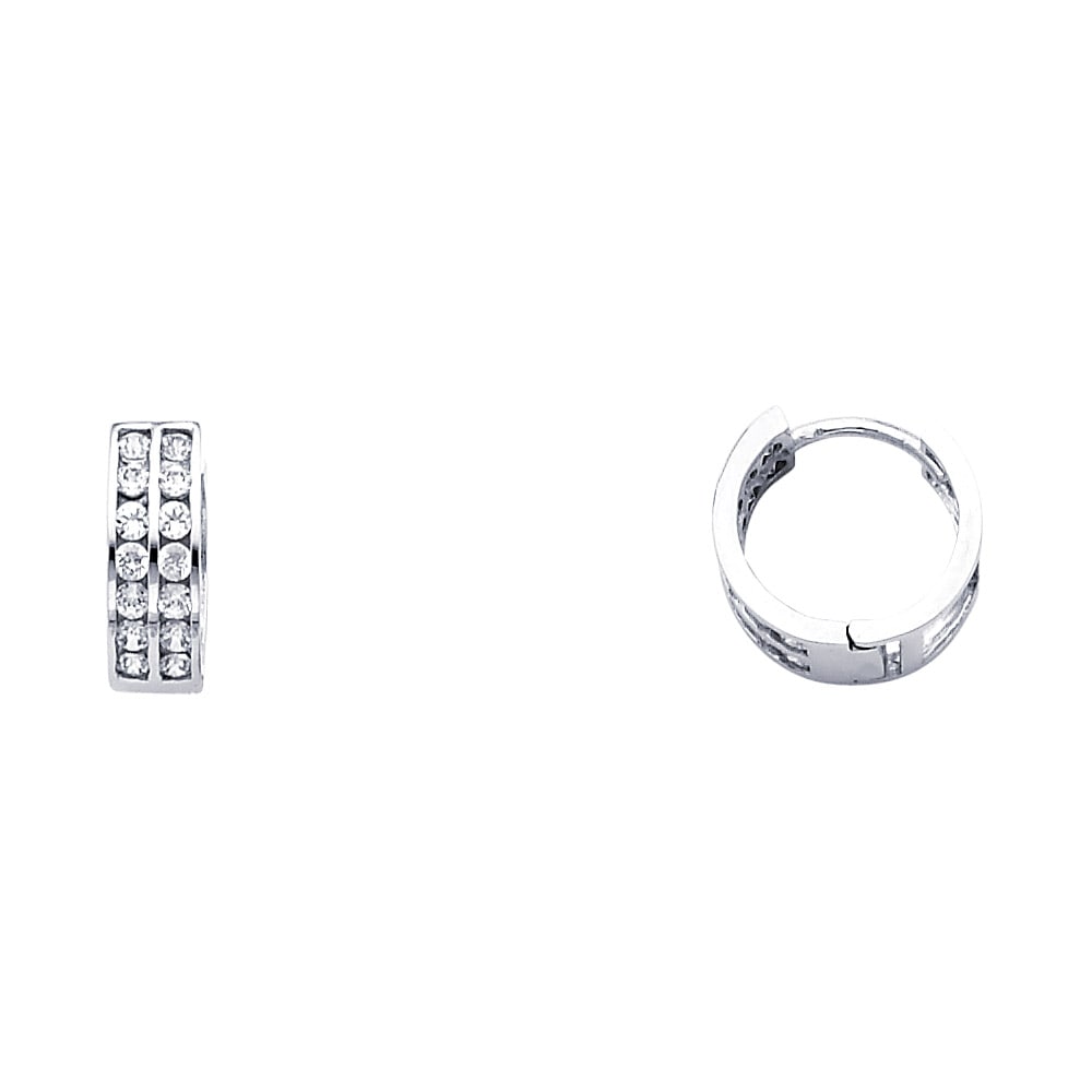 14KW DOUBLE CZ HUGGIES EARRINGS: 14KW Double CZ Huggies Earrings Material Type : 14k Gold Material Color : Yellow Avg. Weight: Avg. Weight: 1.09 Gr. Size: Height : 11 mm, Width : 11 mm Accessories: None Notice: When purchasing