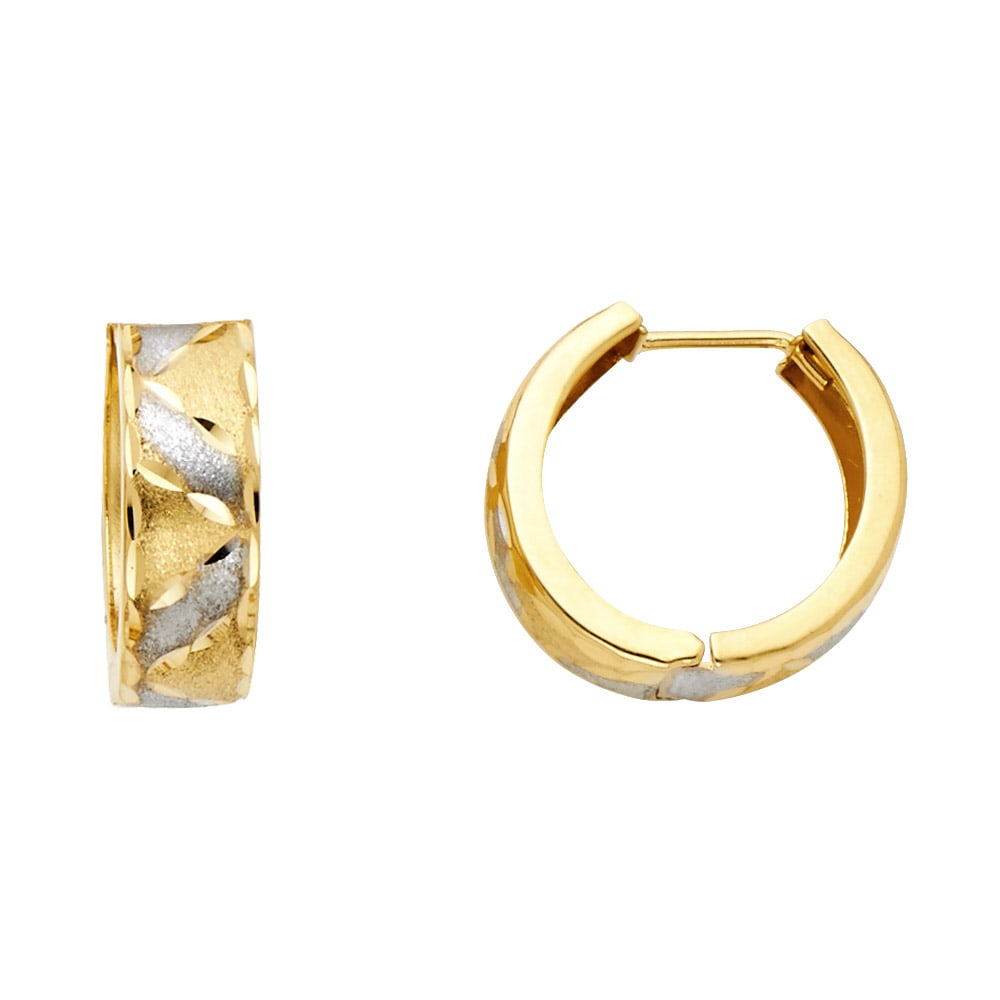 14K 2T HUGGIES EARRINGS: 14K 2T Huggies Earrings Material Type : 14k Gold Material Color : Two Tone Avg. Weight: Avg. Weight: 2.25 Gr. Size: Height : 15 mm, Width : 15 mm Accessories: None Notice: When purchasing pre-owned