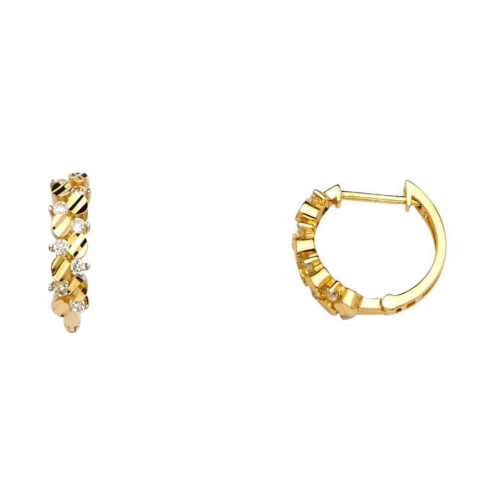 14KY CZ HUGGIES EARRINGS: 14KY CZ Huggies Earrings Material Type : 14k Gold Material Color : Yellow Avg. Weight: Avg. Weight: 2.34 Gr. Size: Height : 13 mm, Width : 13 mm Accessories: None Notice: When purchasing pre-owned