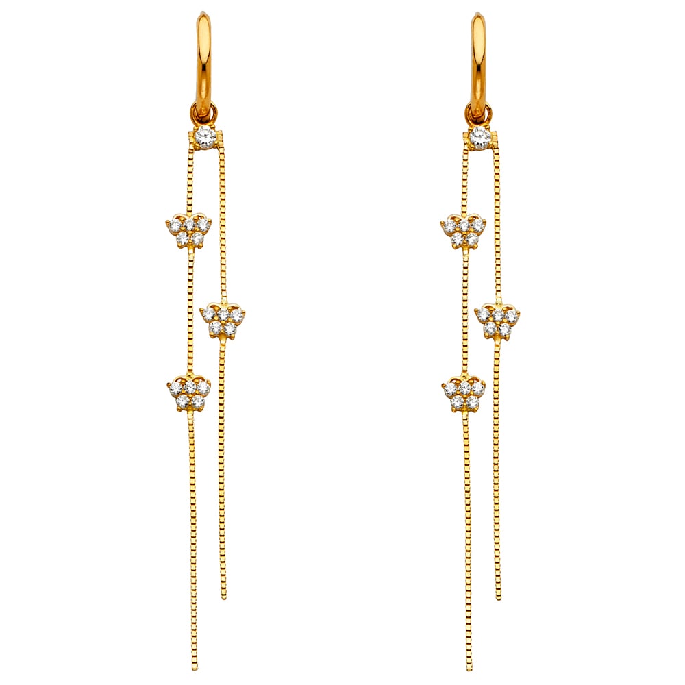 14KY CZ DANGLE HUGGIES EARRINGS: 14KY CZ Dangle Huggies Earrings Material Type : 14k Gold Material Color : Yellow Avg. Weight: Avg. Weight: 2.28 Gr. Size: Height : 60 mm, Width : 5 mm Accessories: None Notice: When purchasing