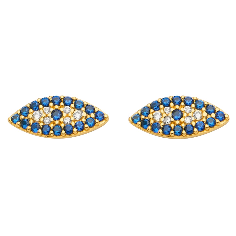14KY EVIL EYE CZ EARRINGS WITH PUSH BACK: 14KY Evil Eye CZ Earrings with Push Back Material Type : 14k Gold Material Color : Yellow Avg. Weight: Avg. Weight: 1.48 Gr. Size: Height : 6 mm, Width : 13 mm Accessories: None Notice: When