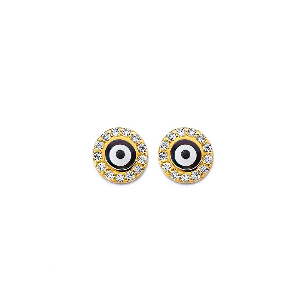 14KY CZ EVIL EYE PUSH BACK EARRINGS: 14KY CZ Evil Eye Push Back Earrings Material Type : 14k Gold Material Color : Yellow Avg. Weight: Avg. Weight: 1.52 Gr. Size: Height : 7 mm, Width : 7 mm Accessories: None Notice: When purchasing p