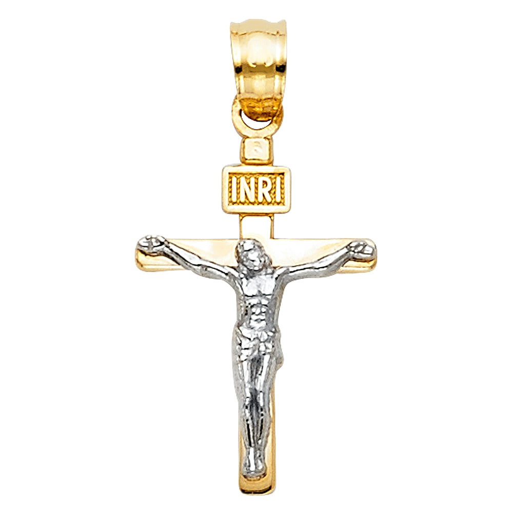 14K 2T SMALL CRUCUFIX PENDANT: 14K 2T Small Crucufix Pendant Material Type : 14k Gold Material Color : Two Tone Avg. Weight: Avg. Weight: 1.01 Gr. Size: Height 20 mm, Width 10 mm Accessories: None Notice: When purchasing pre-owned